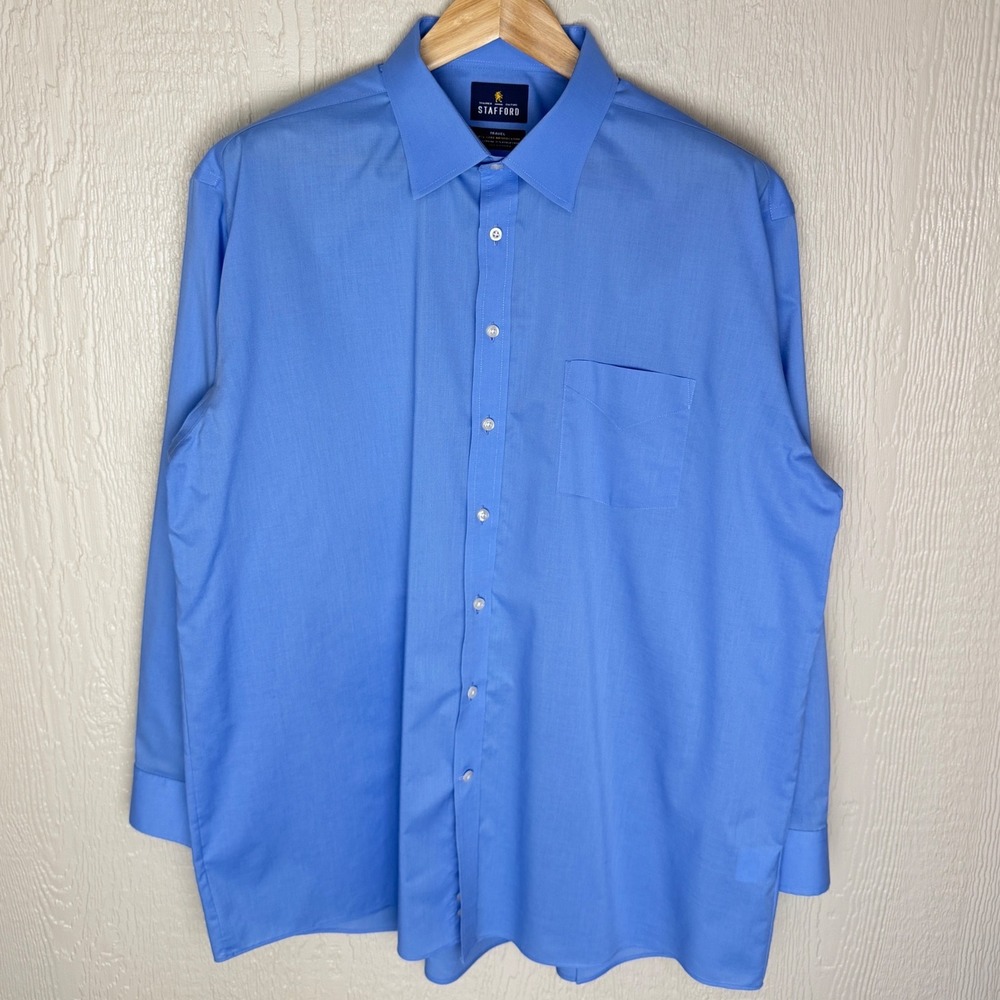 Stafford Travel Easy-Care Broadcloth Dress Shirt Blue Regular Fit 18 34-35 Mens
